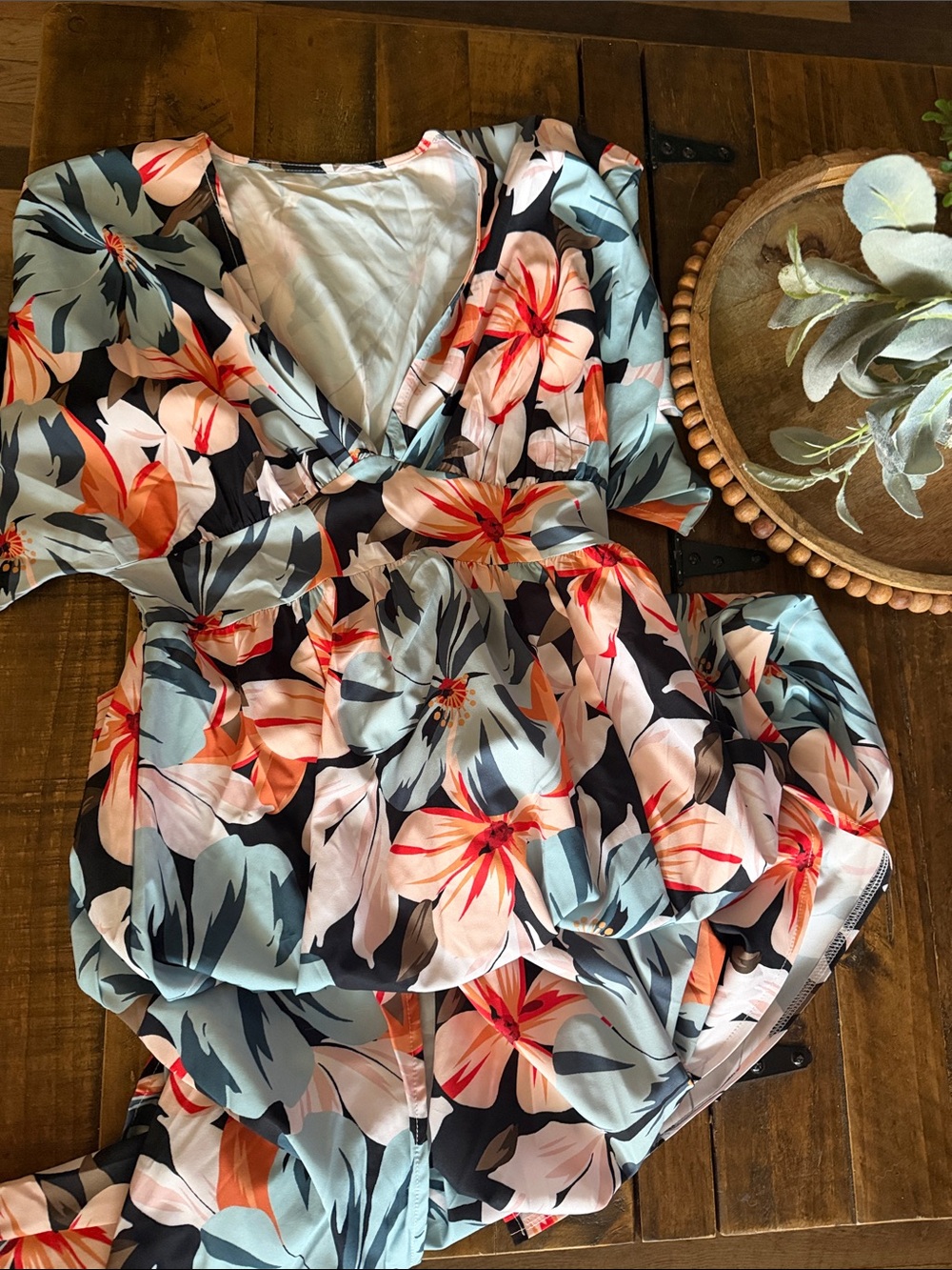 Floral V-Neck Peplum Women dress maxi in Black, Coral & Aqua